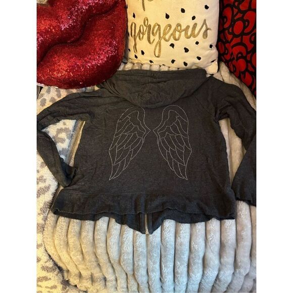Victoria’s Secret VS large pink hooded full zip up sweatshirt angel wings grey - Picture 1 of 8